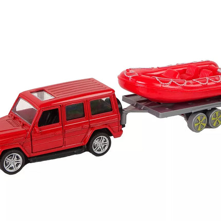 Gaisrinės brigados transporto priemonių rinkinys su traukiamuoju motorlaiviu Jeep Red