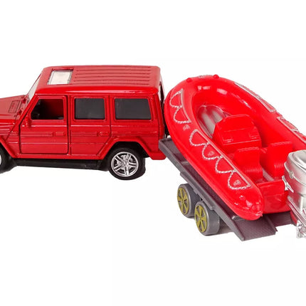 Gaisrinės brigados transporto priemonių rinkinys su traukiamuoju motorlaiviu Jeep Red