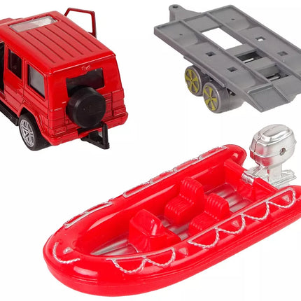 Gaisrinės brigados transporto priemonių rinkinys su traukiamuoju motorlaiviu Jeep Red