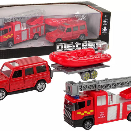 Gaisrinės brigados transporto priemonių rinkinys su traukiamuoju motorlaiviu Jeep Red