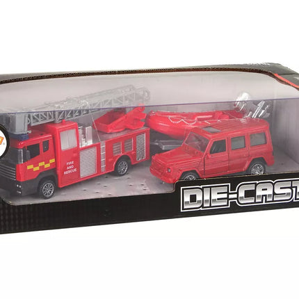 Gaisrinės brigados transporto priemonių rinkinys su traukiamuoju motorlaiviu Jeep Red