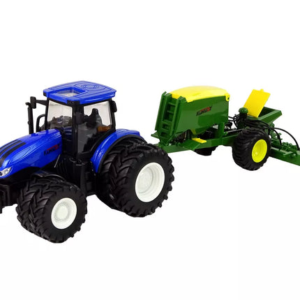 Mėlynas traktorius su presu