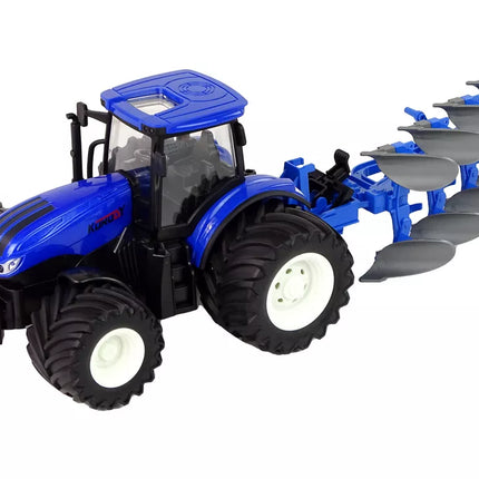 Nuotoliniu būdu valdomas traktorius 1:24 mėlynas plūgas metalinis