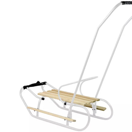 Metalinės rogutės su stūmimo rankena, atlošu ir dirželiu, baltos