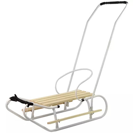 Metalinės rogutės su stūmimo rankena, atlošu ir dirželiu, baltos