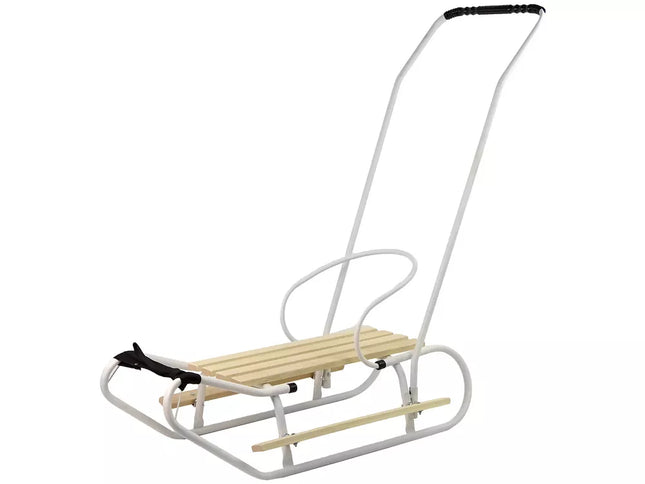 Metalinės rogutės su stūmimo rankena, atlošu ir dirželiu, baltos