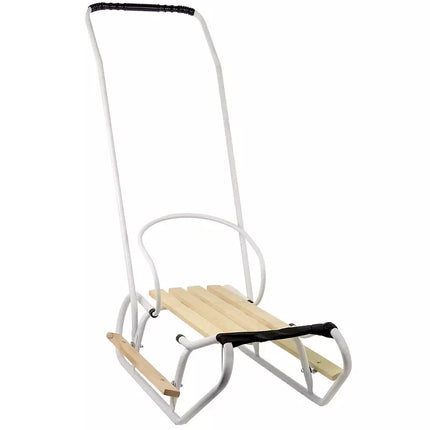 Metalinės rogutės su stūmimo rankena, atlošu ir dirželiu, baltos