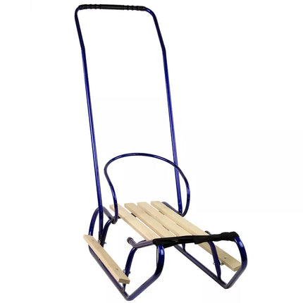 Metalinės rogutės su stūmimo rankena, atlošu ir dirželiu, mėlynos