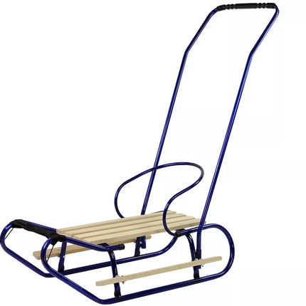 Metalinės rogutės su stūmimo rankena, atlošu ir dirželiu, mėlynos