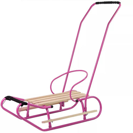 Metalinės rogutės su stūmimo rankena, atlošu ir dirželiu, rožinės