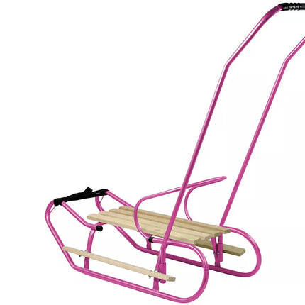 Metalinės rogutės su stūmimo rankena, atlošu ir dirželiu, rožinės