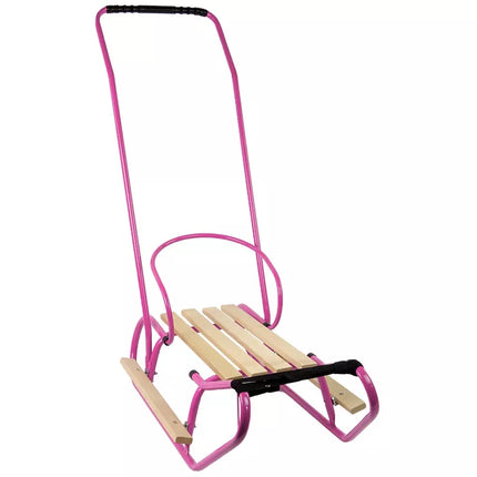 Metalinės rogutės su stūmimo rankena, atlošu ir dirželiu, rožinės