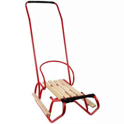 Metalinės rogutės su stūmimo rankena, atlošu ir dirželiu, raudonos