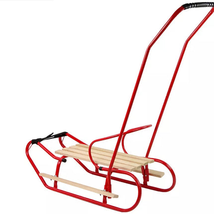 Metalinės rogutės su stūmimo rankena, atlošu ir dirželiu, raudonos