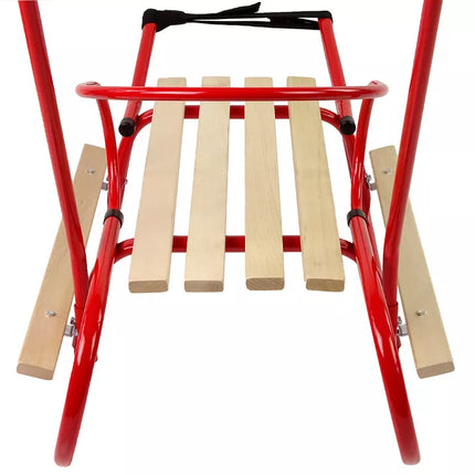 Metalinės rogutės su stūmimo rankena, atlošu ir dirželiu, raudonos