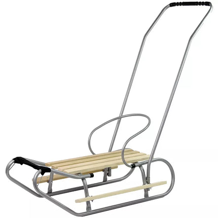 Metalinės rogutės su stūmimo rankena ir atlošu, sidabrinės spalvos