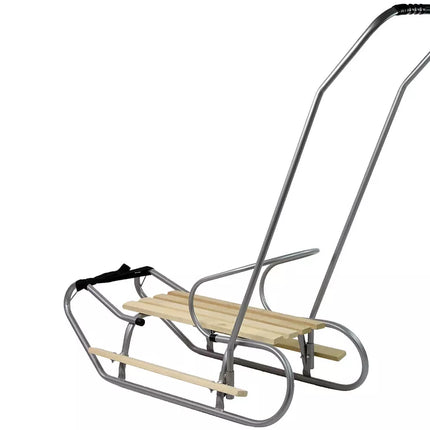 Metalinės rogutės su stūmimo rankena ir atlošu, sidabrinės spalvos