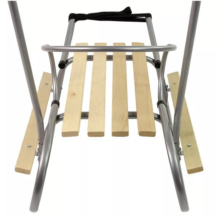 Metalinės rogutės su stūmimo rankena ir atlošu, sidabrinės spalvos