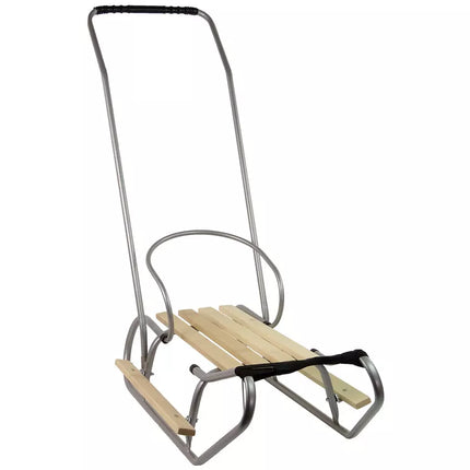 Metalinės rogutės su stūmimo rankena ir atlošu, sidabrinės spalvos