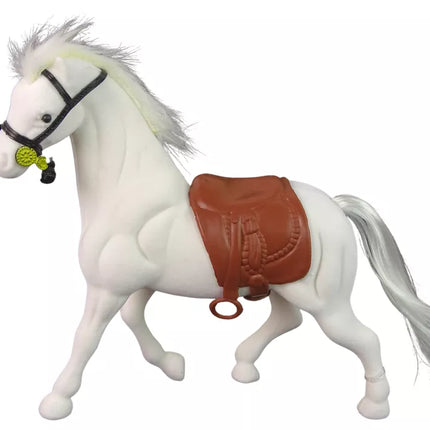 Baltas žirgas su balnu, ūkio gyvūno figūrėlė