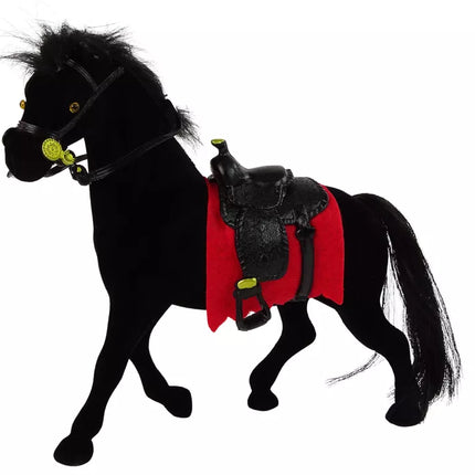 Aksominis juodas žirgas su raudonu balnu