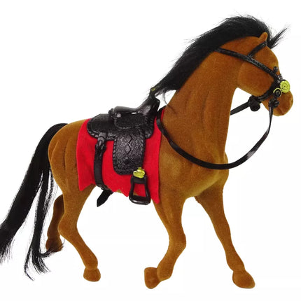 Rudas aksominis žirgas su raudonu balnu