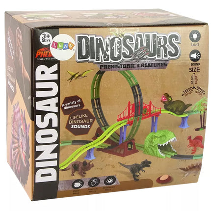 Dinozaurų geležinkelio trasa su garsais, šviesomis ir priedais