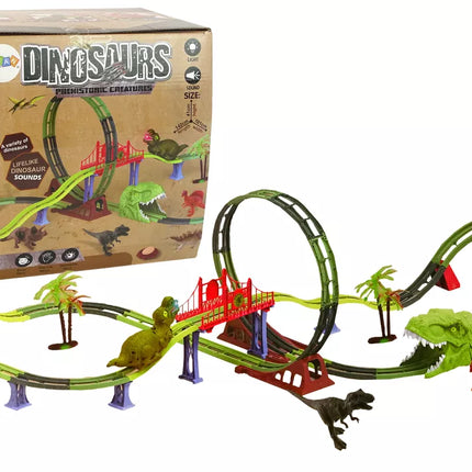Dinozaurų geležinkelio trasa su garsais, šviesomis ir priedais