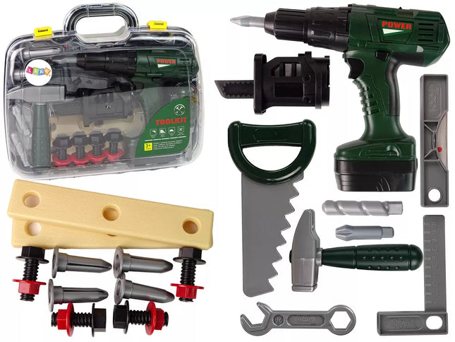 Žalias "Pasidaryk pats" rinkinys su atsuktuvo lagaminėliu ir baterijomis