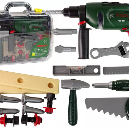 Įrankių rinkinys nešiojamame dėkle, akumuliatorinis gręžtuvas, plaktukas