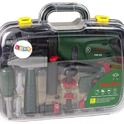 Įrankių rinkinys nešiojamame dėkle, akumuliatorinis gręžtuvas, plaktukas