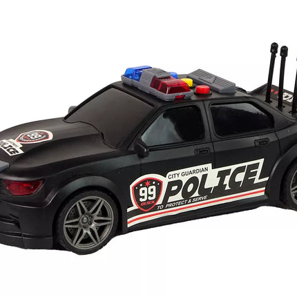 Juodas sportinis automobilis 1:16 su atidaroma bagažine, policijos šviesomis ir garsais