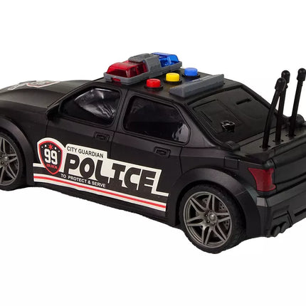 Juodas sportinis automobilis 1:16 su atidaroma bagažine, policijos šviesomis ir garsais