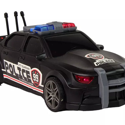 Juodas sportinis automobilis 1:16 su atidaroma bagažine, policijos šviesomis ir garsais