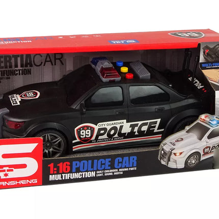 Juodas sportinis automobilis 1:16 su atidaroma bagažine, policijos šviesomis ir garsais