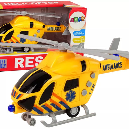 Greitosios pagalbos sraigtasparnis geltonas su garsais, šviesomis ir propeleriais