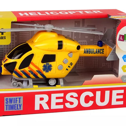 Greitosios pagalbos sraigtasparnis geltonas su garsais, šviesomis ir propeleriais