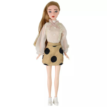 Vaikiška lėlė Emily su gitara, akiniais, ilgais šviesiais plaukais ir kačiuku