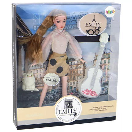 Vaikiška lėlė Emily su gitara, akiniais, ilgais šviesiais plaukais ir kačiuku