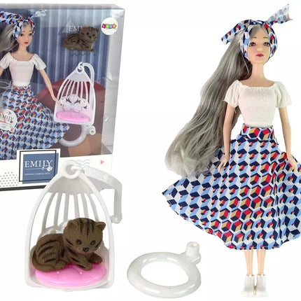 Lėlė Emily, pilki plaukai, kačiukas, sūpynės