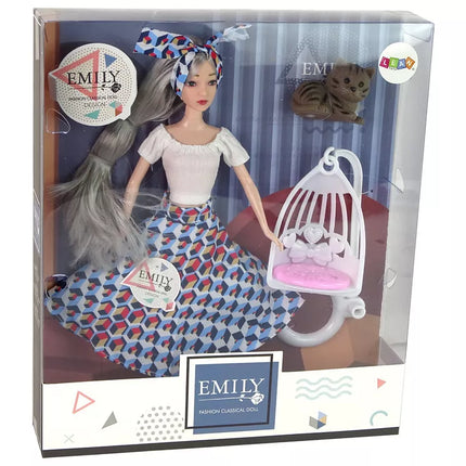 Lėlė Emily, pilki plaukai, kačiukas, sūpynės