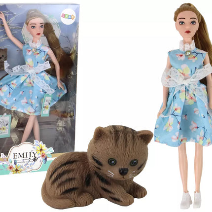 Vaikiška lėlė Emily Spring ilgais plaukais mėlyna suknele ir kačiuku