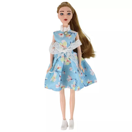 Vaikiška lėlė Emily Spring ilgais plaukais mėlyna suknele ir kačiuku