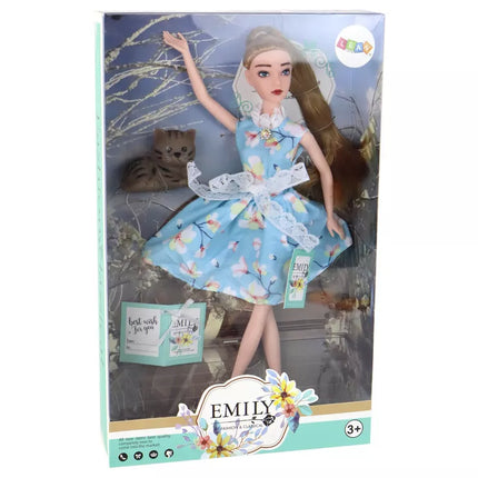 Vaikiška lėlė Emily Spring ilgais plaukais mėlyna suknele ir kačiuku