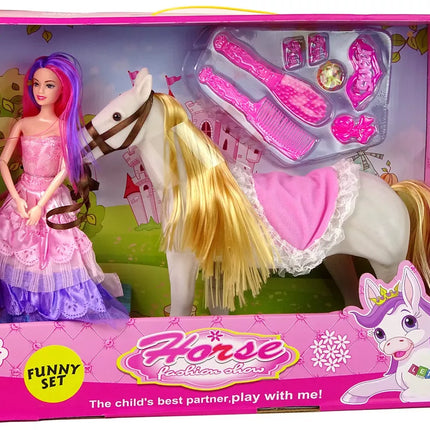 Princesės lėlė su baltuoju poniu figūrėlėmis ir priedais.