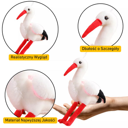 Pliušinis gandras, žaislinis talismanas, minkštas žaislas, 37 cm