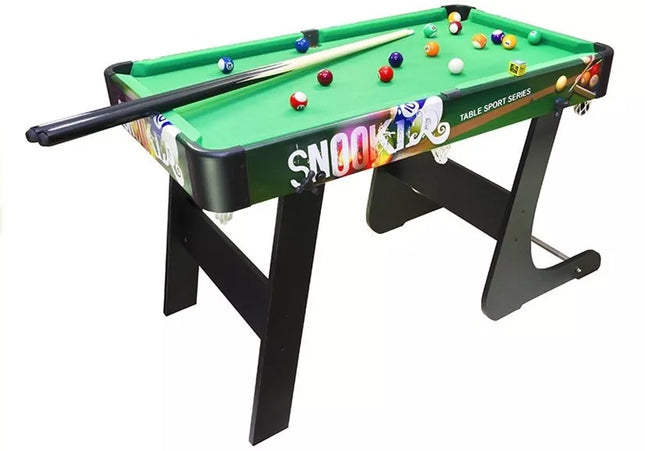 Didelis medinis sulankstomas biliardo stalas su kamuoliukais