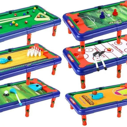 6 viename stalas su keičiamomis žaidimų lentomis ir priedais: futbolas, krepšinis, snukeris