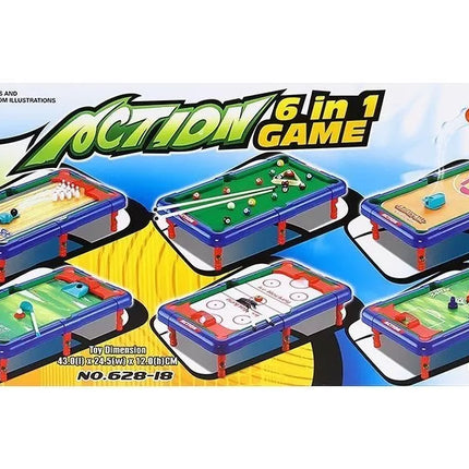 6 viename stalas su keičiamomis žaidimų lentomis ir priedais: futbolas, krepšinis, snukeris