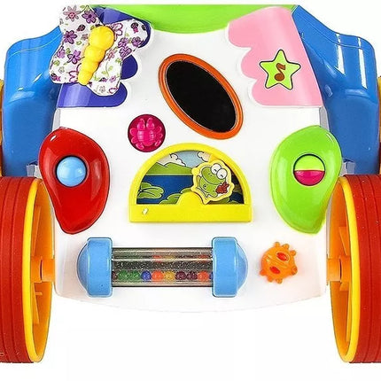 Žaislinis stumdukas kūdikiams „Hippo“ su garsais, barškučiais, čežėjimu ir veidrodėliu